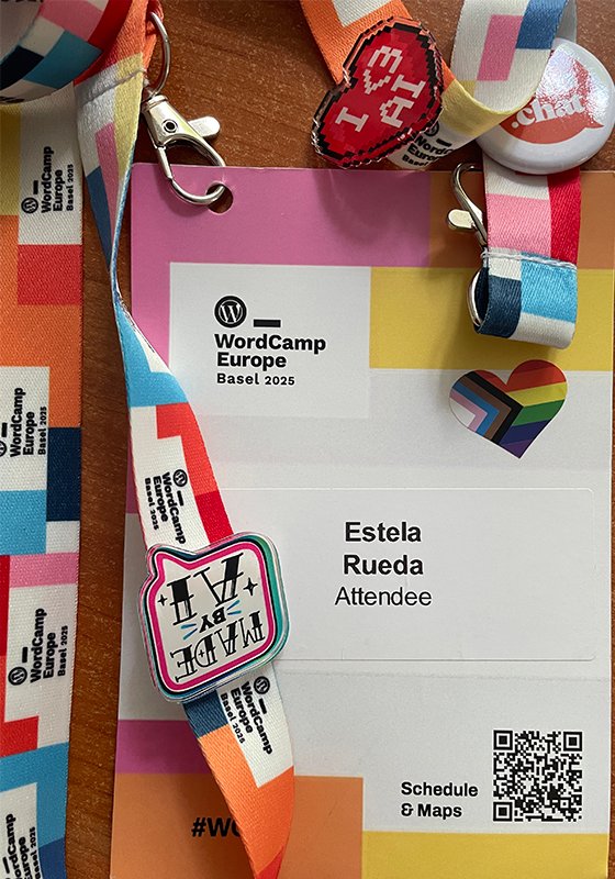 wordcamp europe 2025 badge for estela rueda, attendee